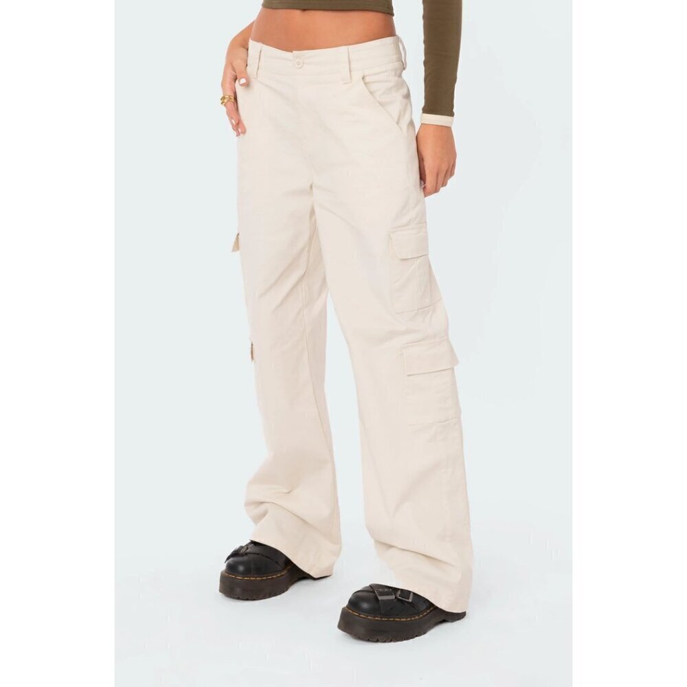EDIKTED Zuri Cotton Twill Cargo Pants in Beige Size Small